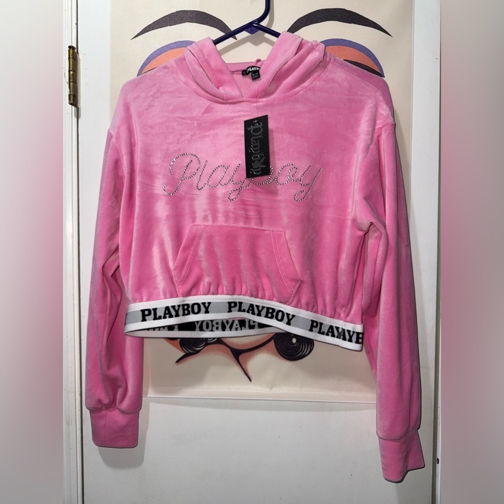 NWT Playboy Rhinestone Velour Cropped Pink Hoodie Small - Picture 2 of 6